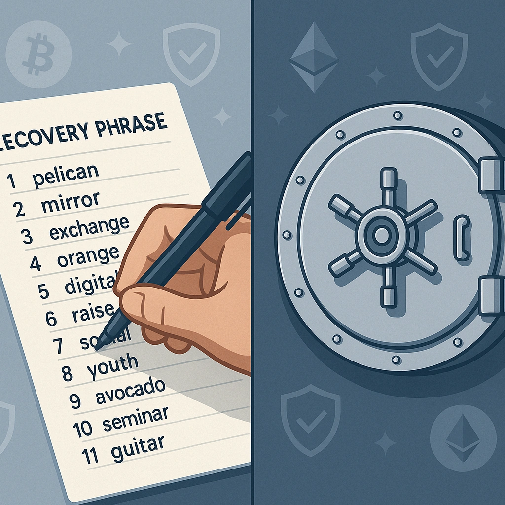 Secure storage of 12-word crypto recovery phrase with paper backup and safe storage methods